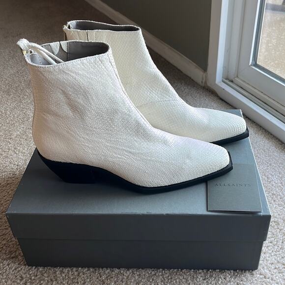 ALL SAINTS Lenora Snake Embossed
White Leather Minimalist Neutral Booties - Picture 2 of 12
